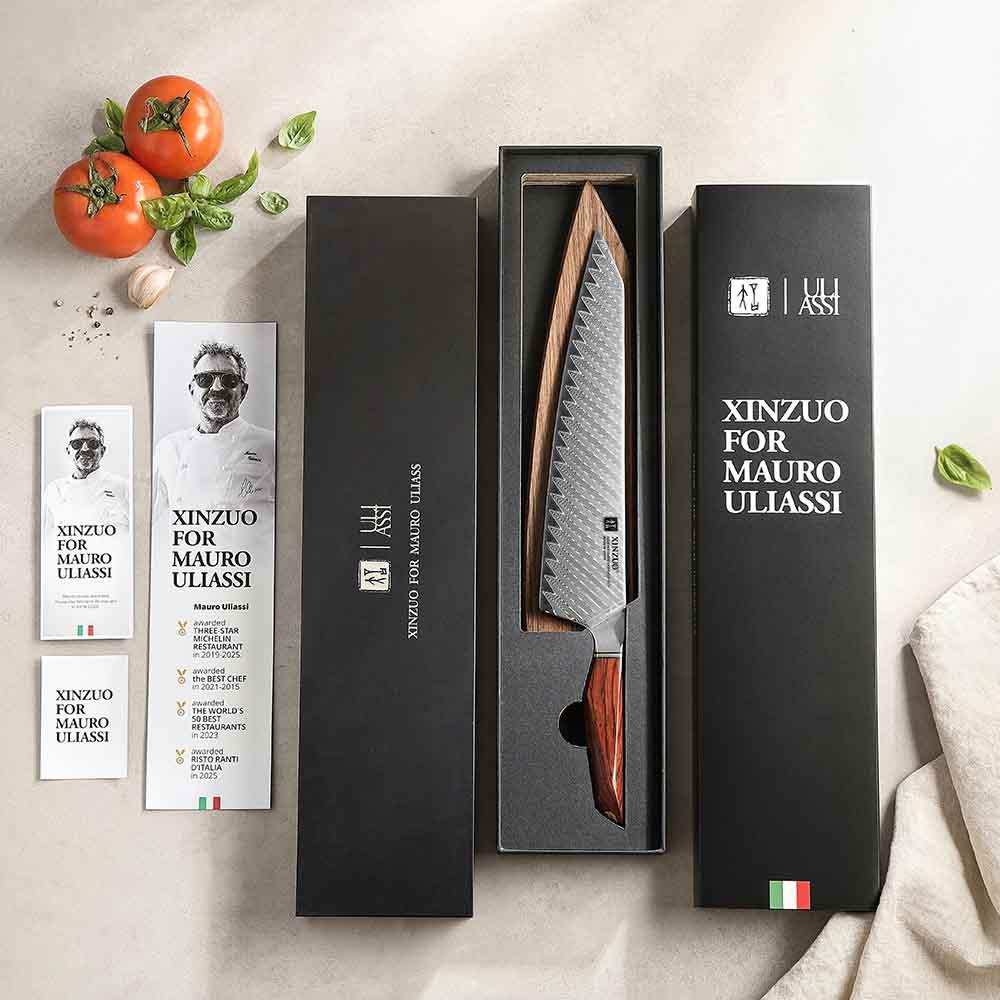 Професионален кухненски нож от дамаска стомана Xinzuo Mauro Uliassi X03 Bunka 26 cm кутия
