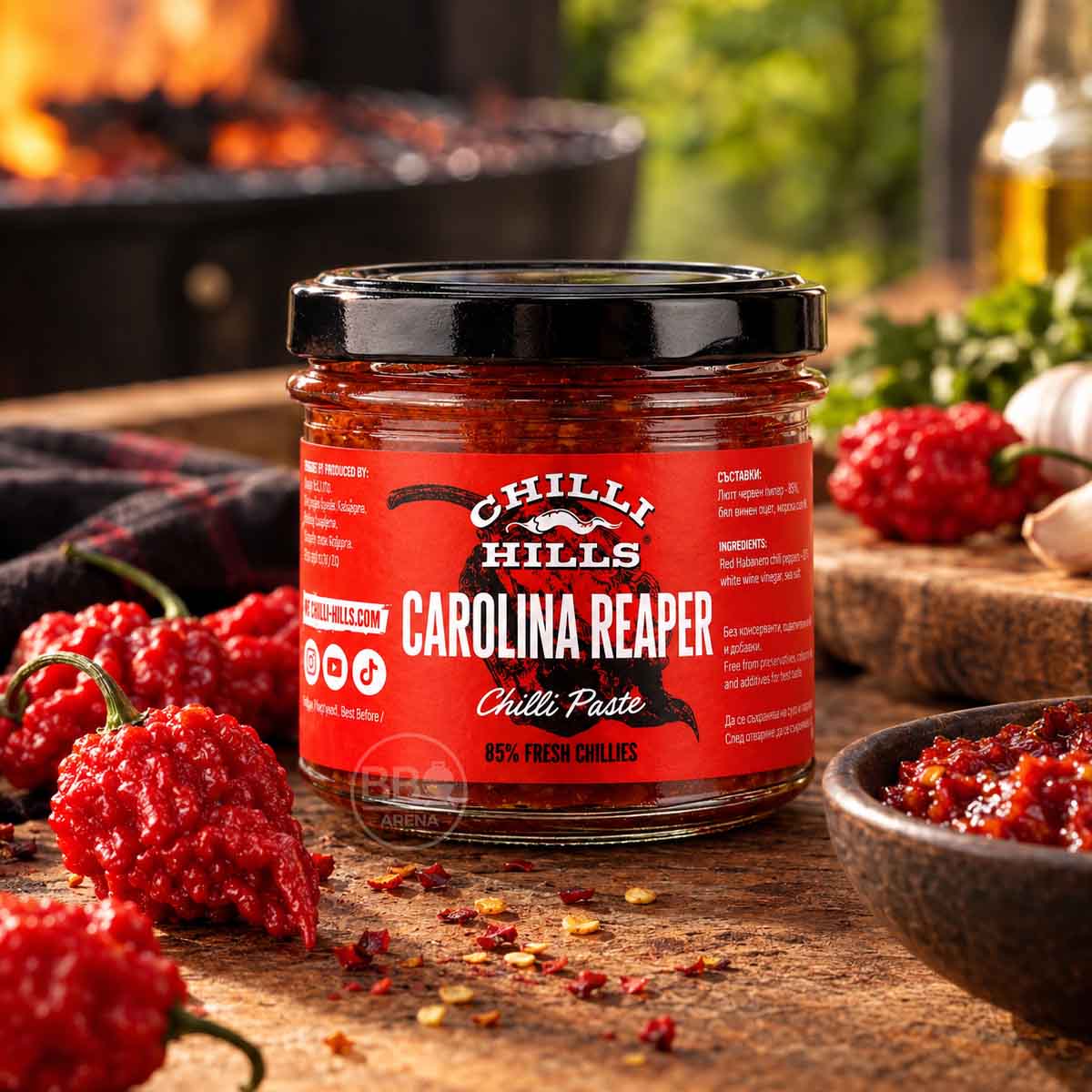 Екстремно люта паста Carolina Reaper Chilli Hills с 85% люти чушки и лютивост до 2 200 000 SHU. За люти сосове, маринати, месо и барбекю.